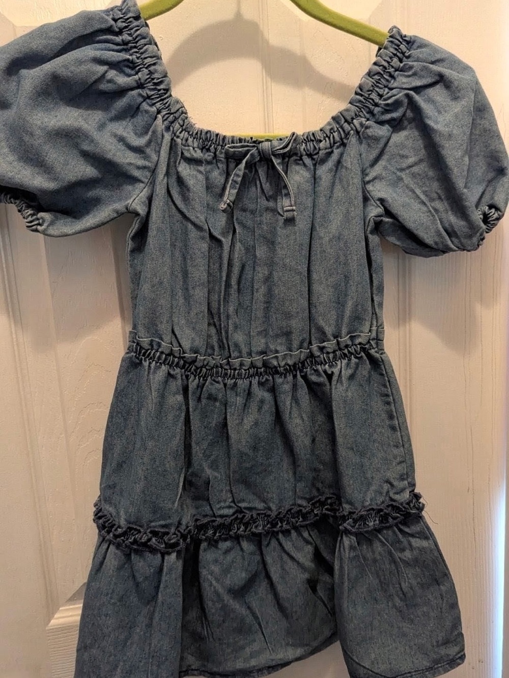 Girls Denim Puff-Sleeve Tiered Dress - Blue